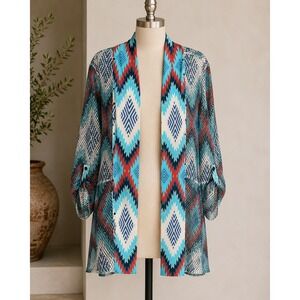 Multiples Southwestern Mesh Cardigan Womens Large‎ Turquoise Geometric Roll Tab